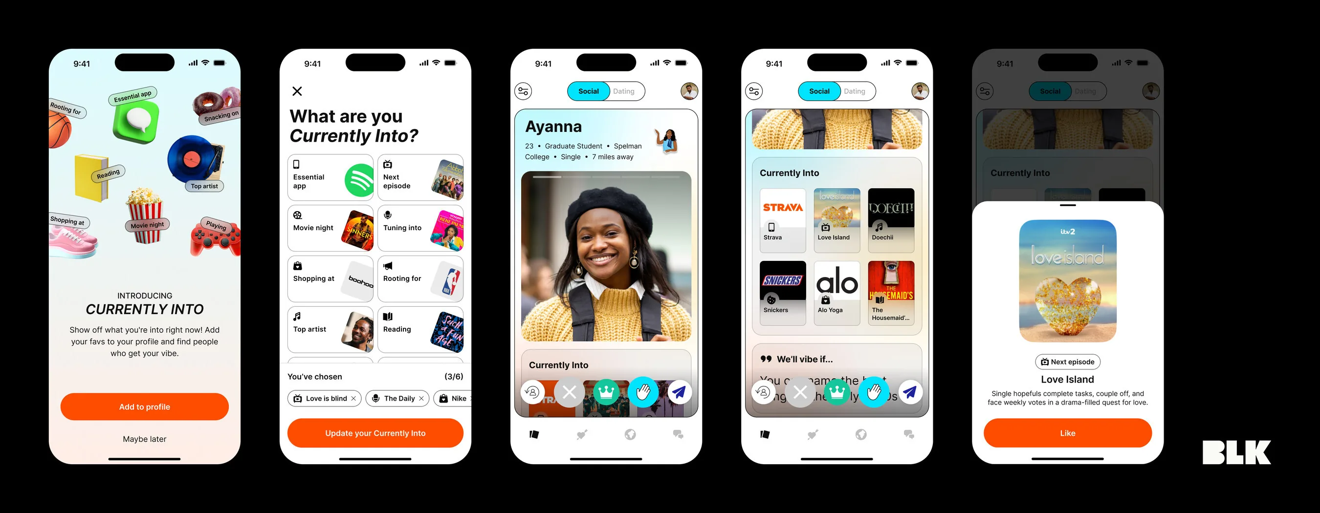 Five BLK screens introducing Currently Into: the feature announcement, the interest picker, a profile showing a member’s selections, and a Love Island card a match can react to